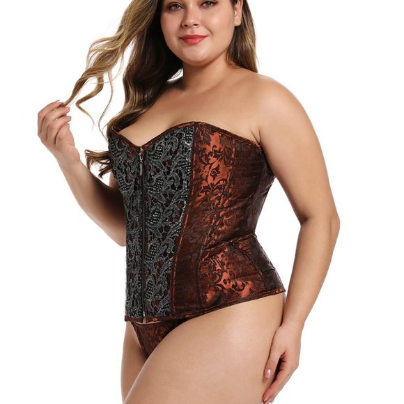 Brown Retro Corset Plus Size Corset Deep Brown Retro Lace Up Strapless Sleeveles - Picture 4 of 12